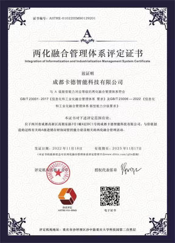 兩化融合管理體系評定證書